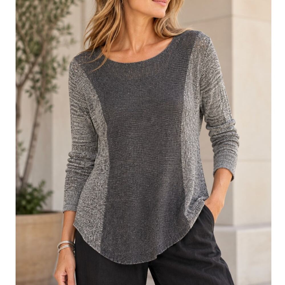 Eileen Fisher Linen Sweater M Gray Italian Yarn Colorblock Lightweight Tunic